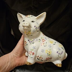 Vintage Formalities Floral Ceramic Pig Figurine Trimmed w 10k Gold